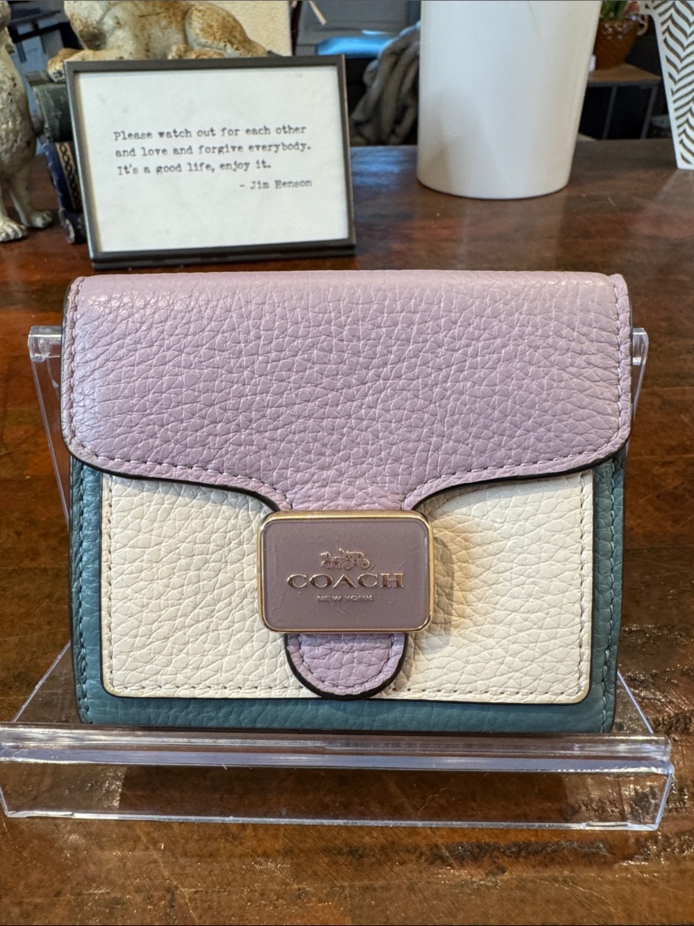 Coach Colorblock Pebbled Leather Small Wallet - Lilac, Cream & Teal